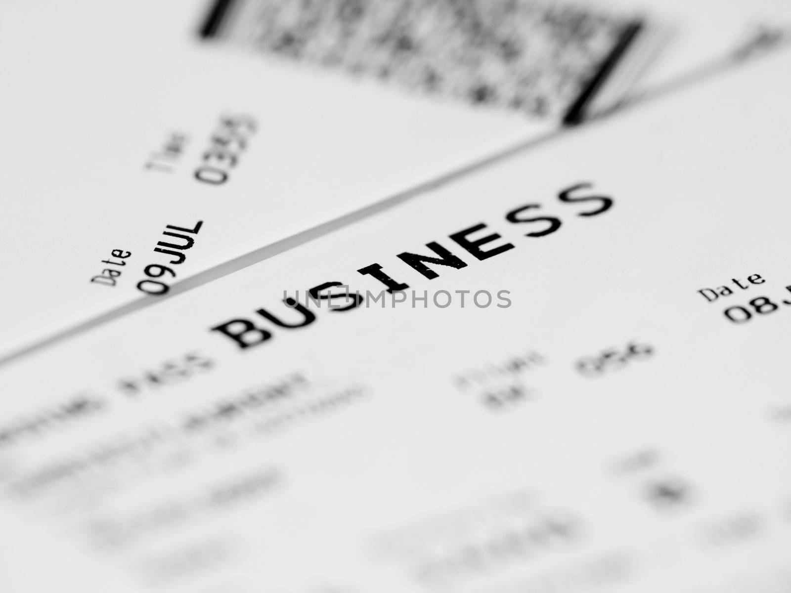 Close up of a business class ticket with shallow depth of field