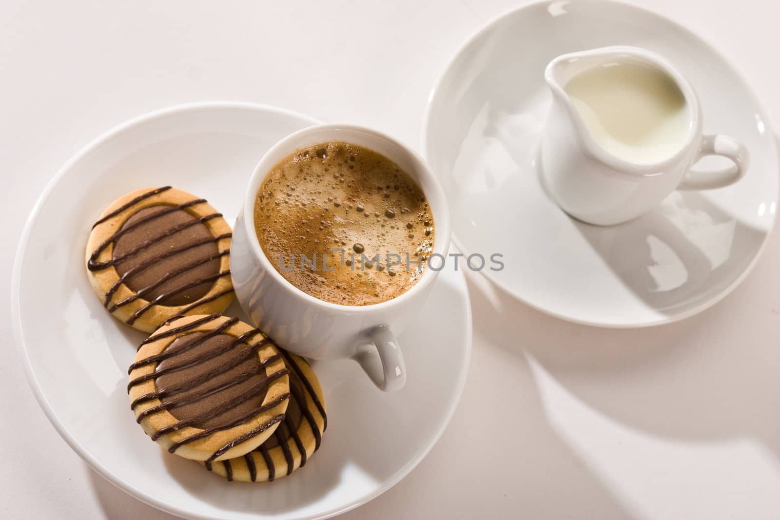 drink series: cup of coffee, pastry and milk