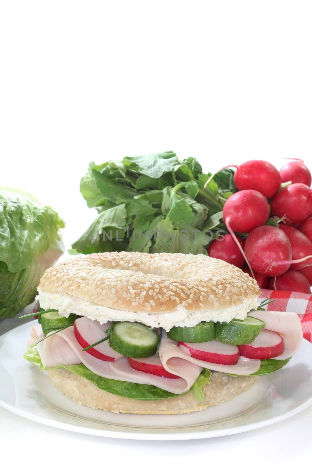 Bagel with turkey breast, chives, radishes, cucumber, cream cheese and salad on white background
