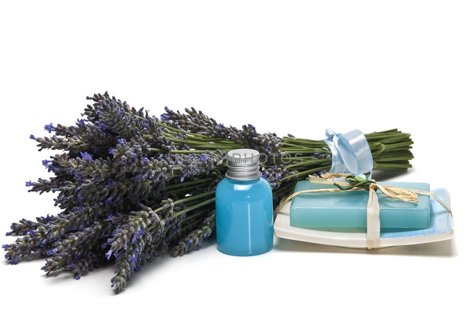 Lavender and hygiene items made of lavender isolated on a white background.