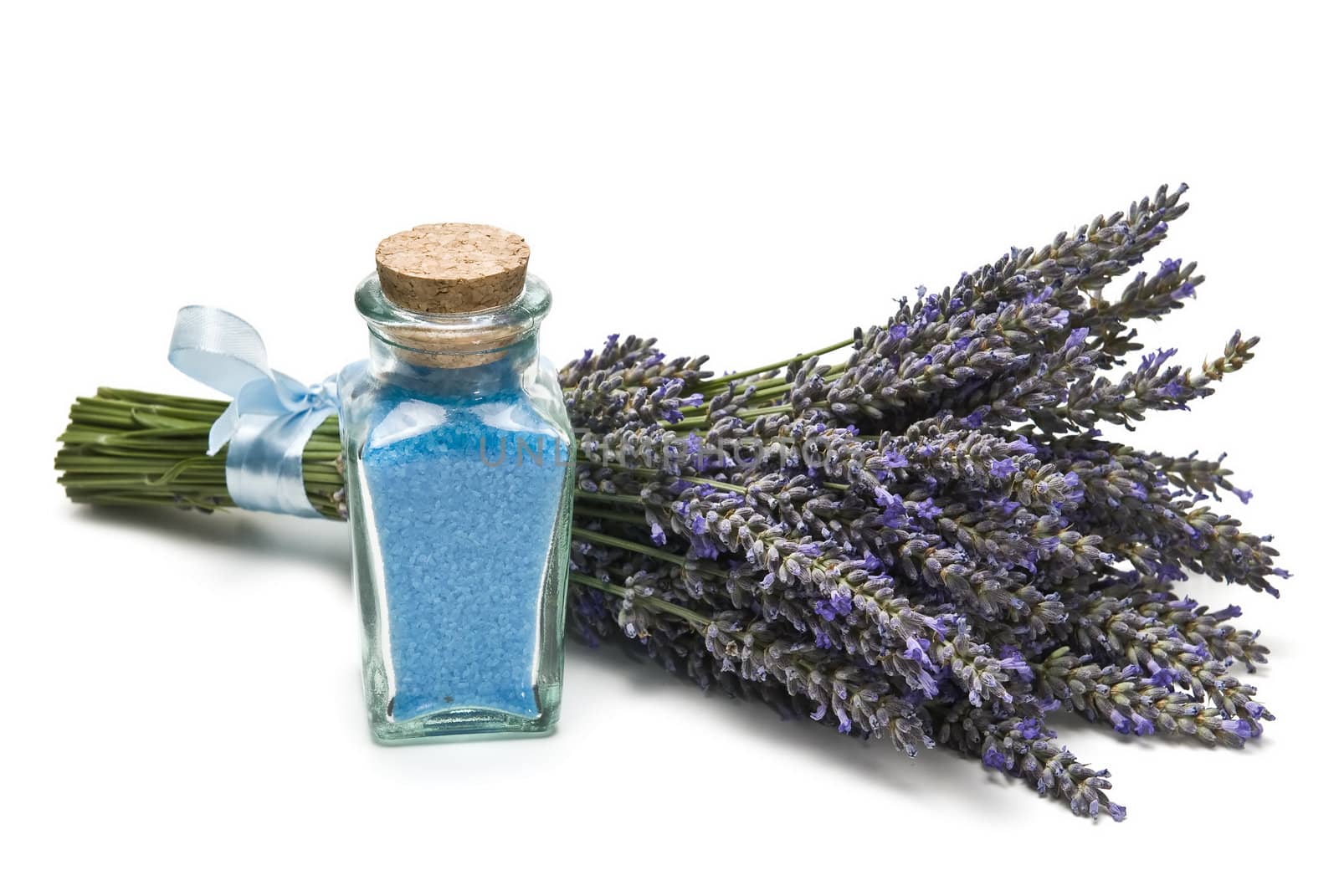 Lavender and hygiene items made of lavender isolated on a white background.