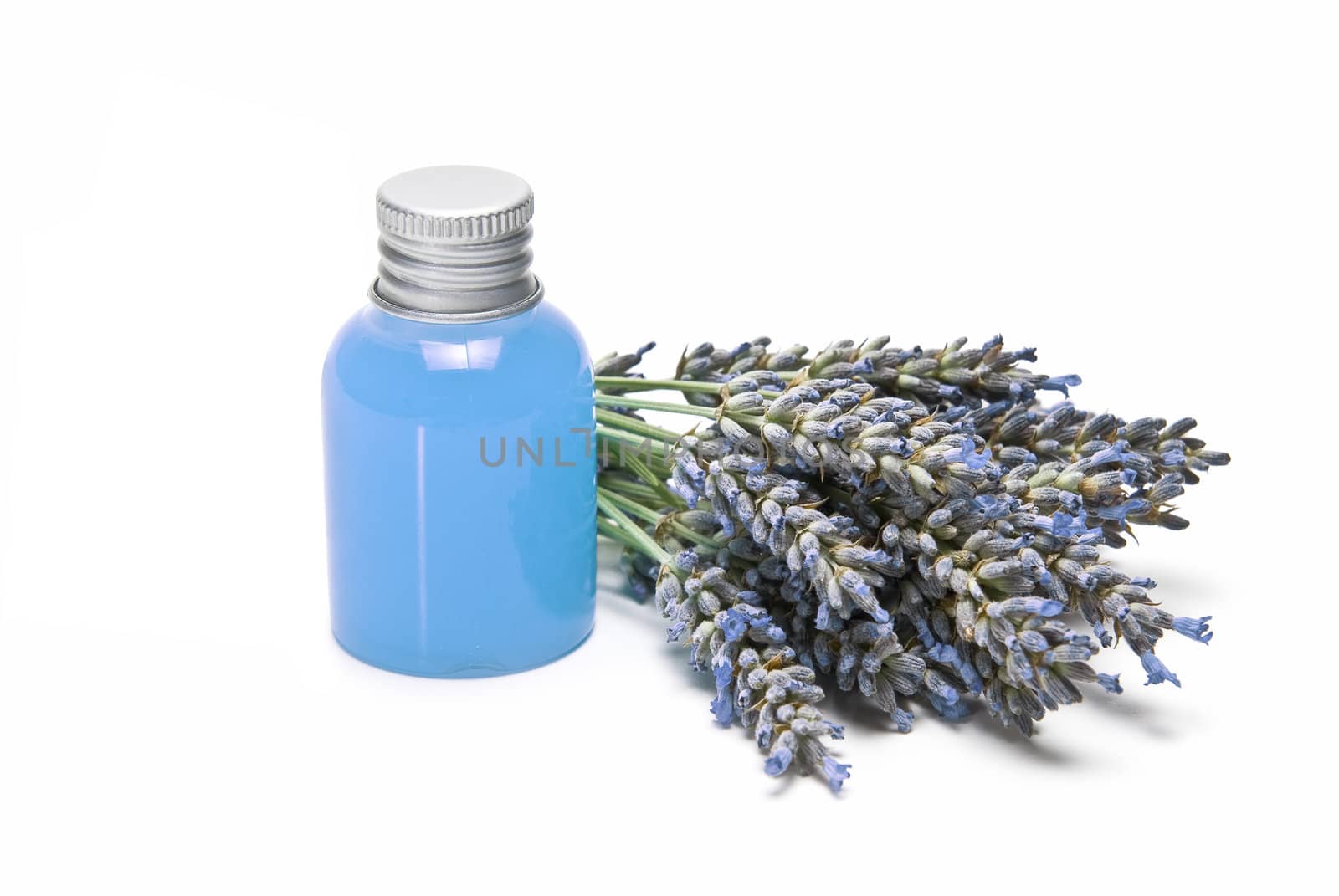 Lavender and hygiene items made of lavender isolated on a white background.