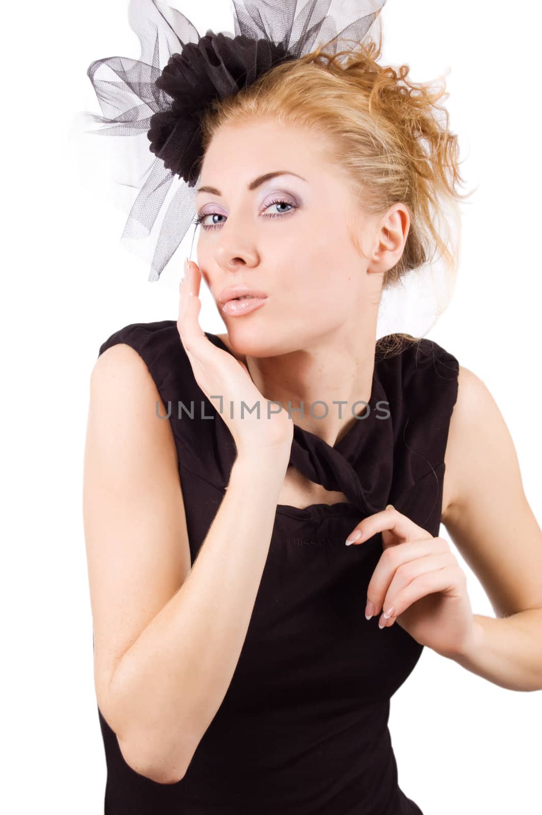 Retro style woman in black dress and hat over white