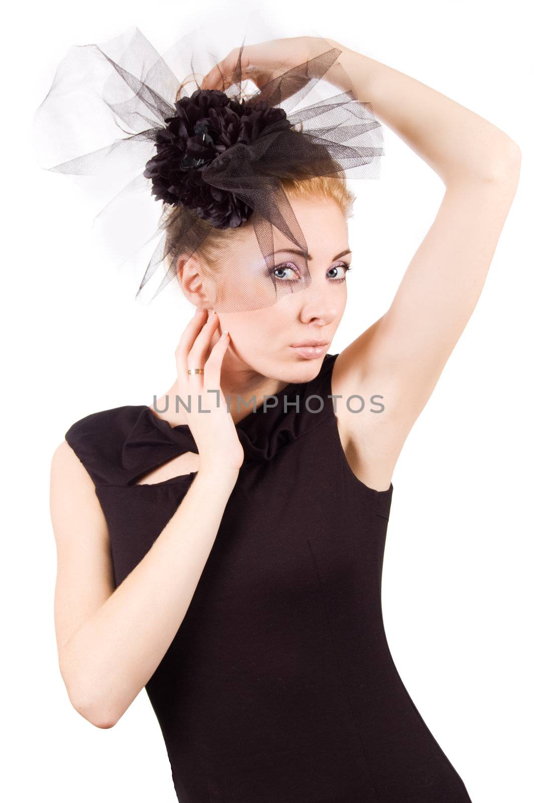 Retro style woman in black dress and hat over white