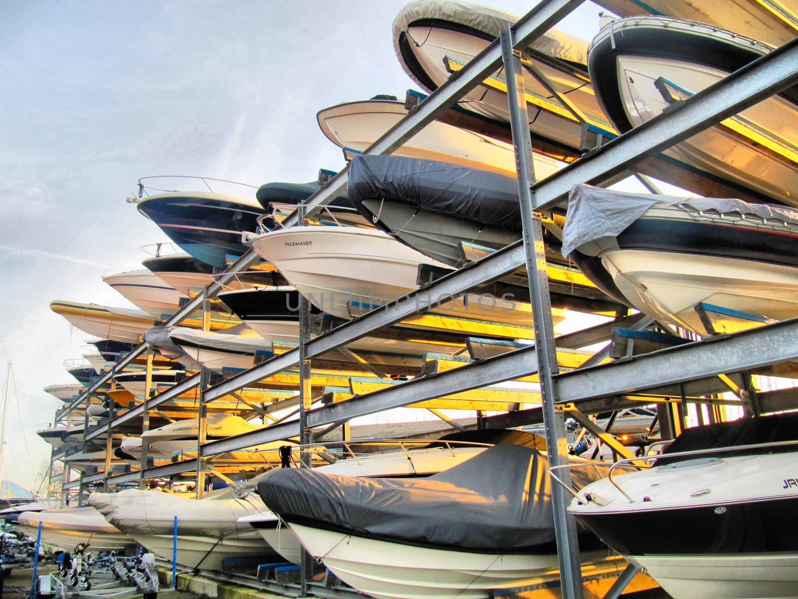 A rack of speed boats waiting for the water.