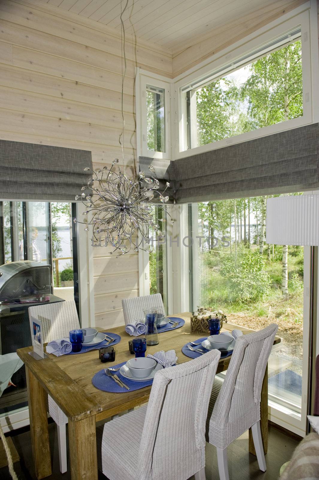 Traditional interior of Finnish summer wooden cottage