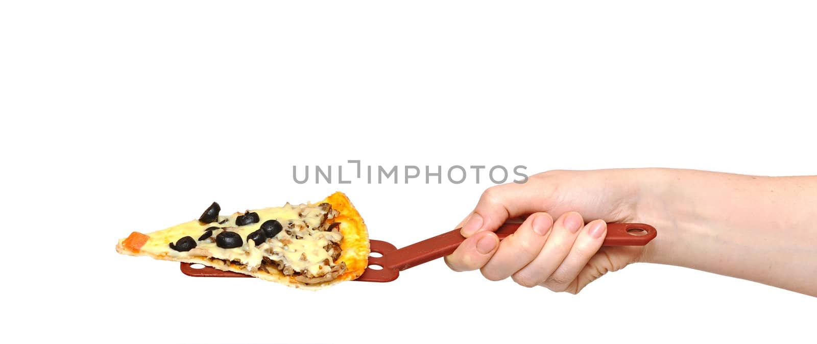 Hand holding cut off slice pizza isolated on white background