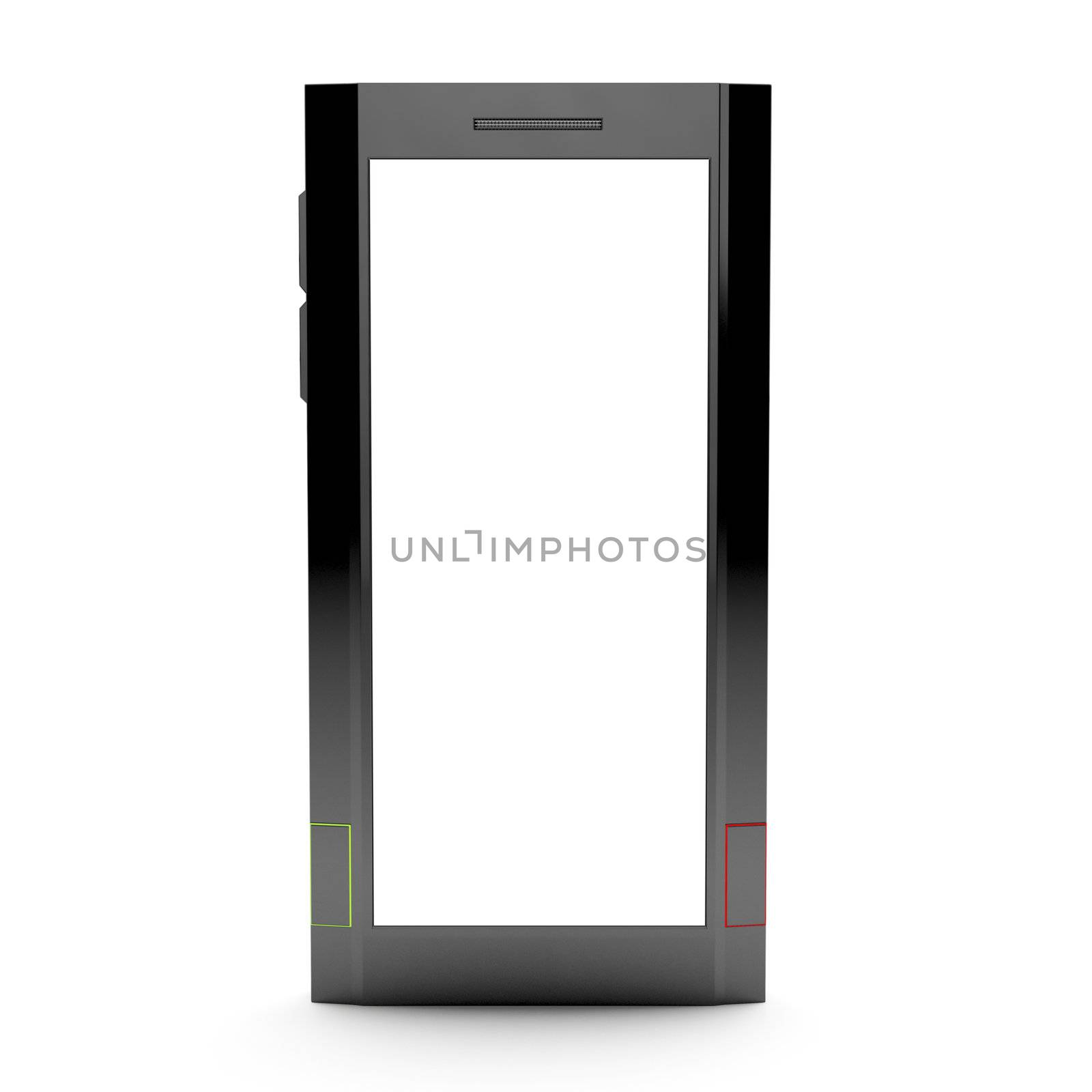 Touch screen mobile phone with empty screen isolated on white