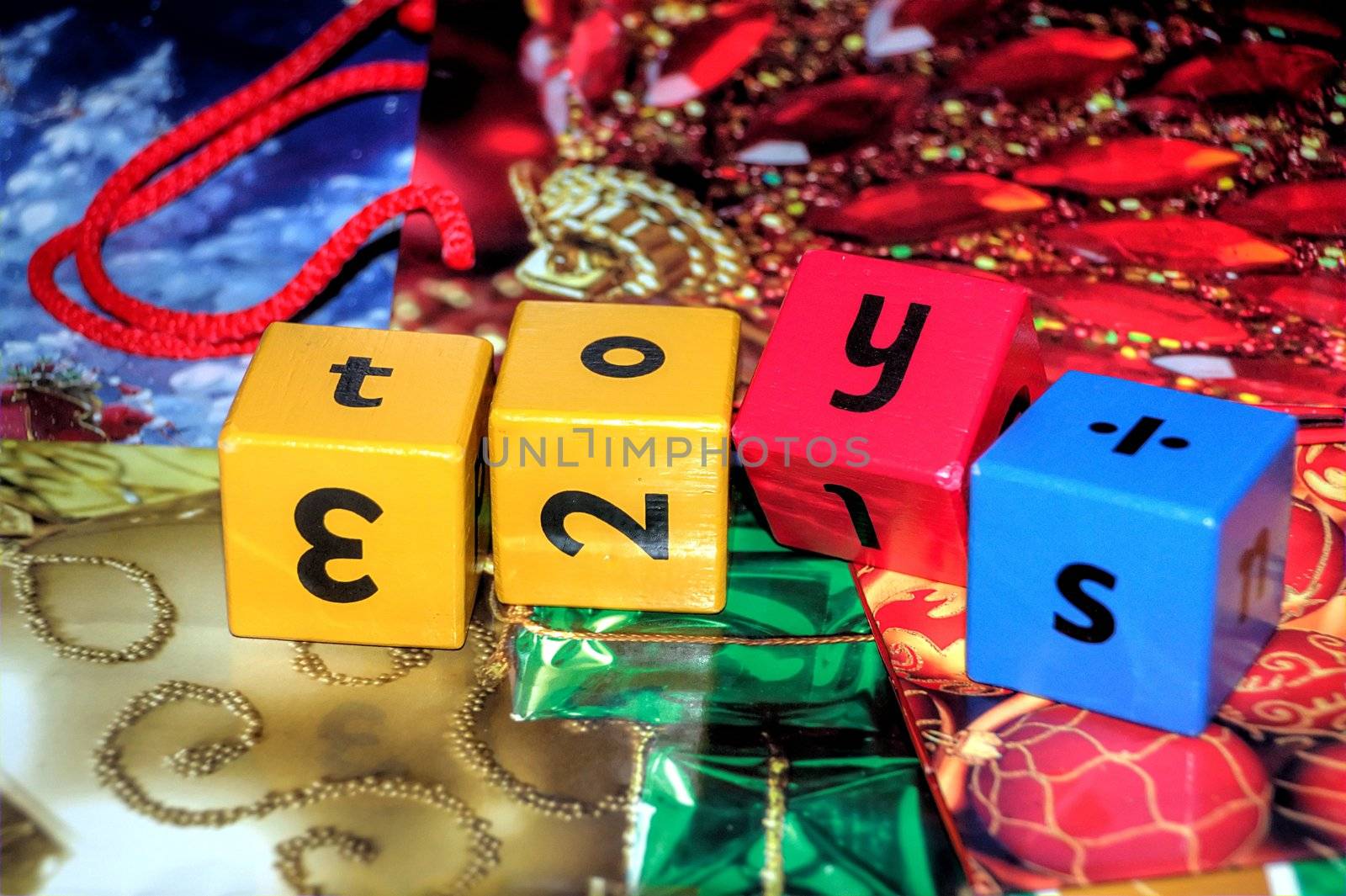 word toys on christmas gift bags
