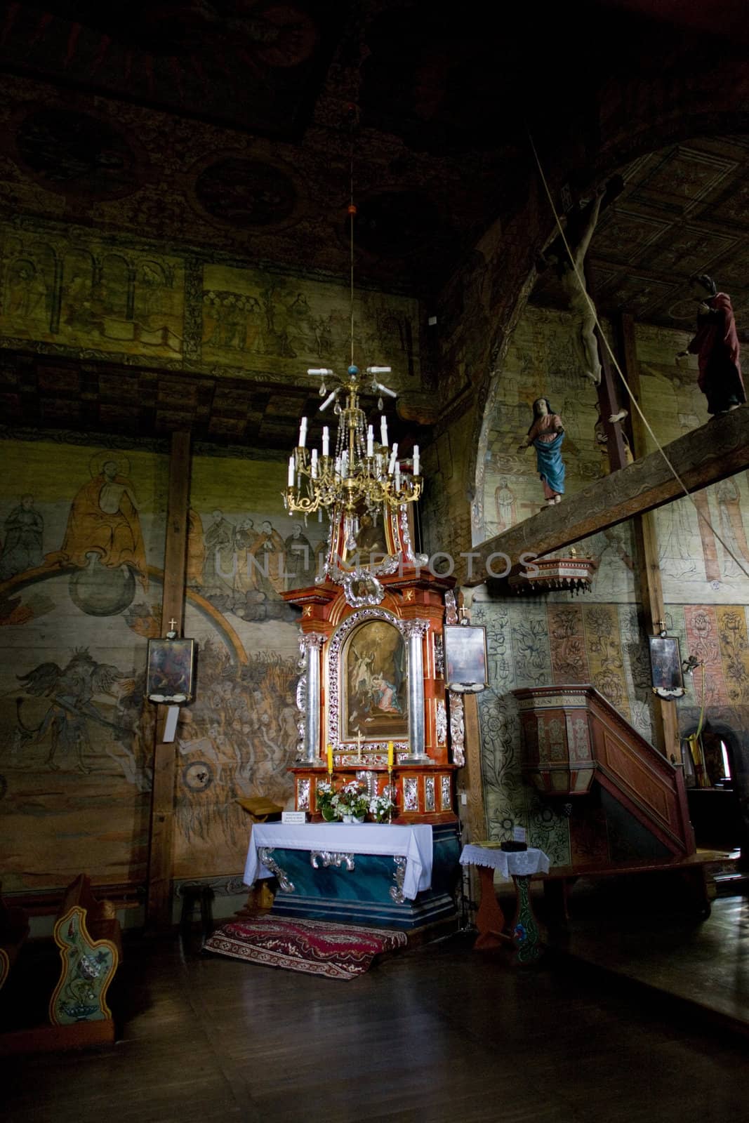 interior of wooden church, Blizne, Poland