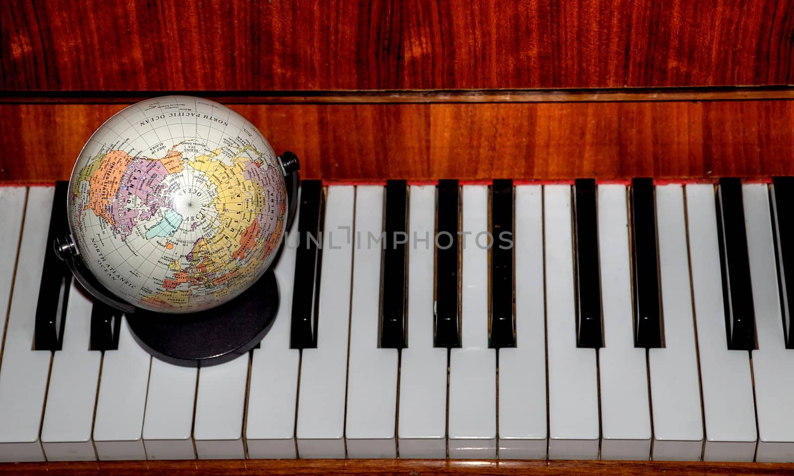 globe on piano; concepts; worldwide concert; global sales;