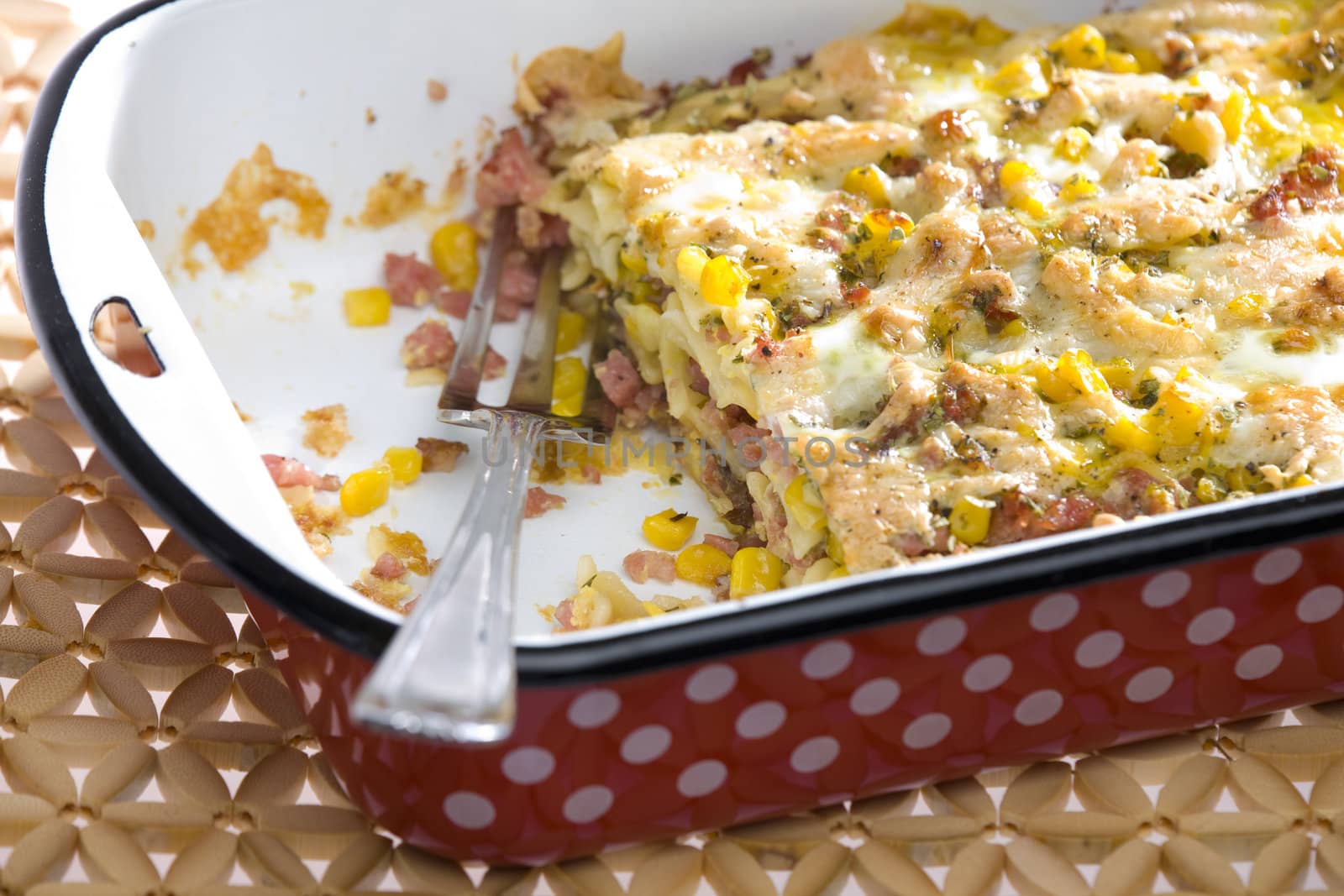 pasta baked with smoked meat and corn