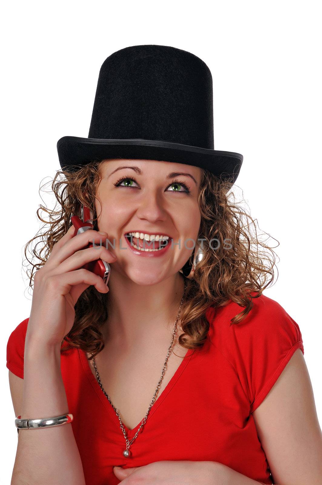 Smiley, young happy women call by phone, isolated white