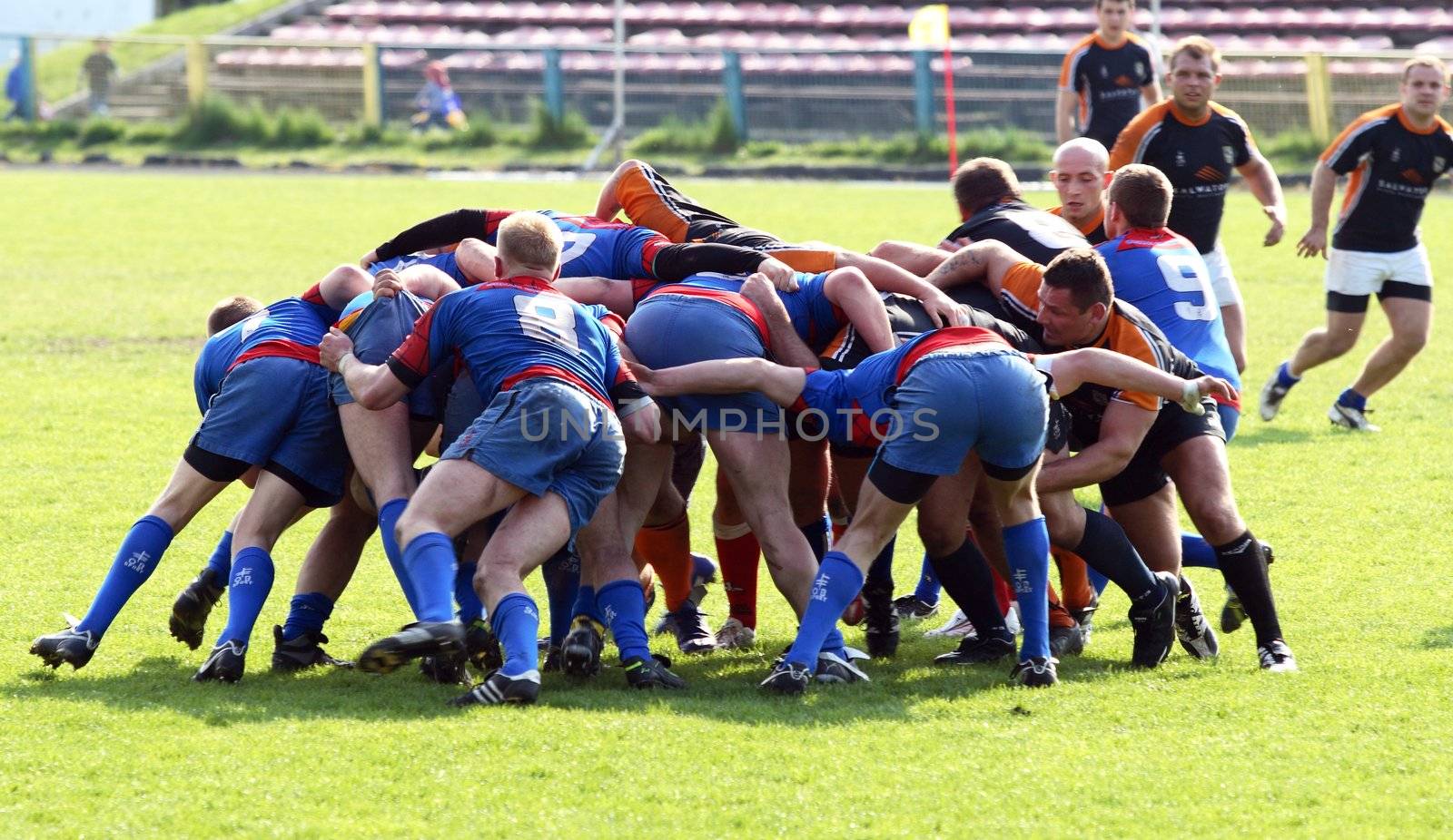 An action during a rugby match. a particular moment during an poland rugby match of 1st division