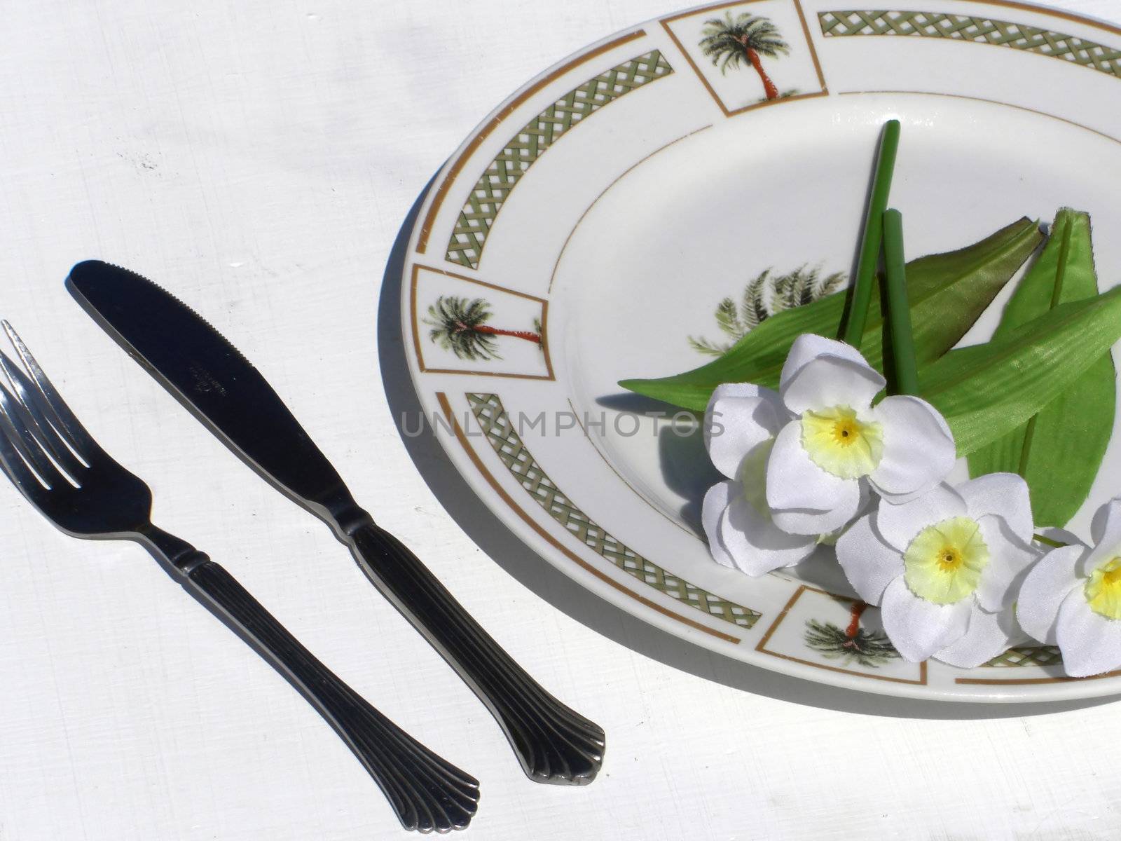 A plate with palm trees flowers, a knife and fork signify good service, entertainment and catering.