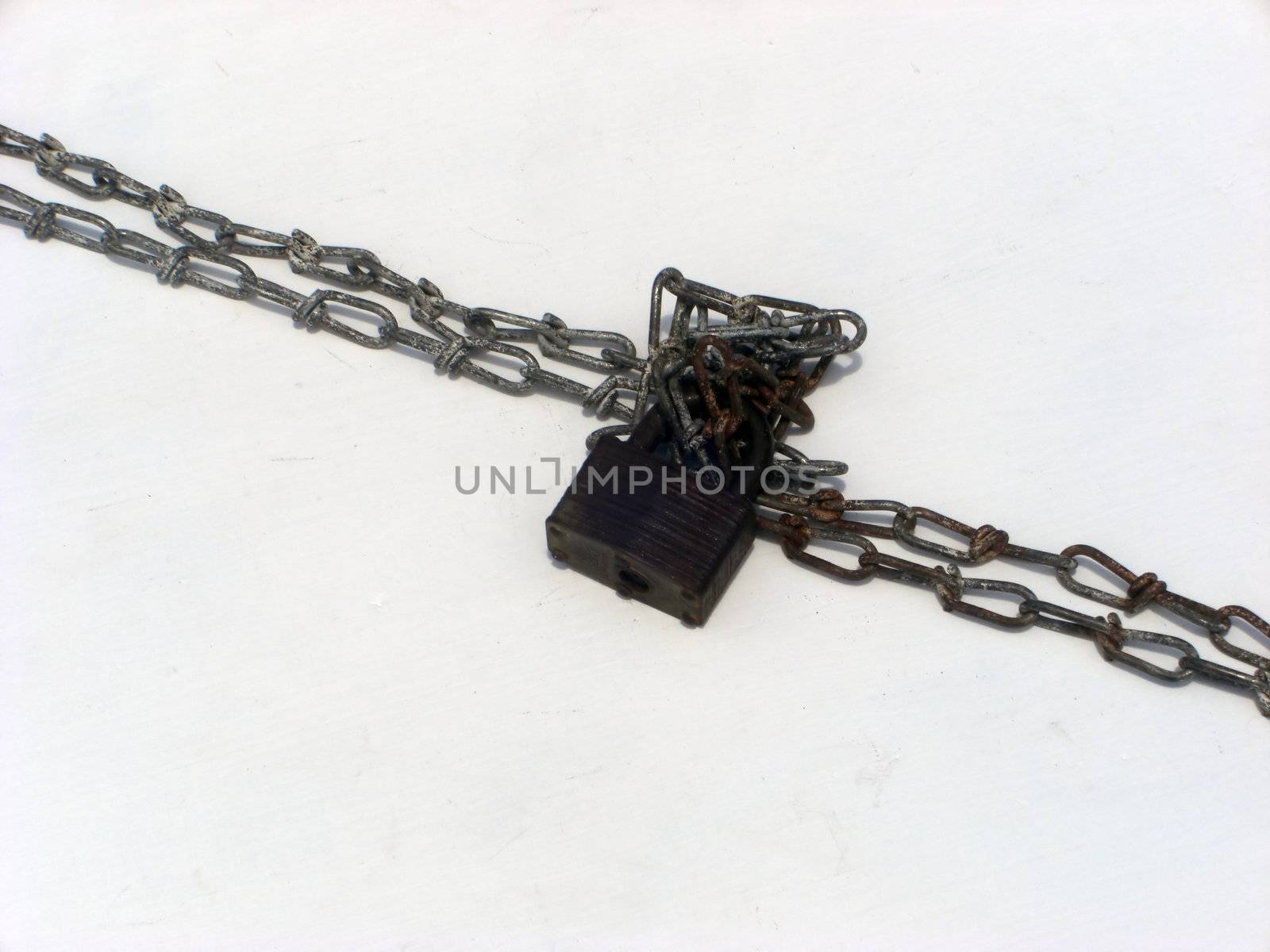 A rusty padlock and chain against a white background.