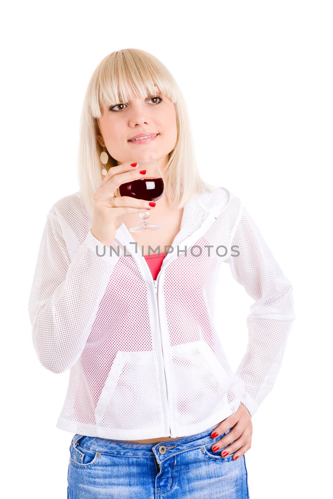 blond girl dreams with red vine in hand