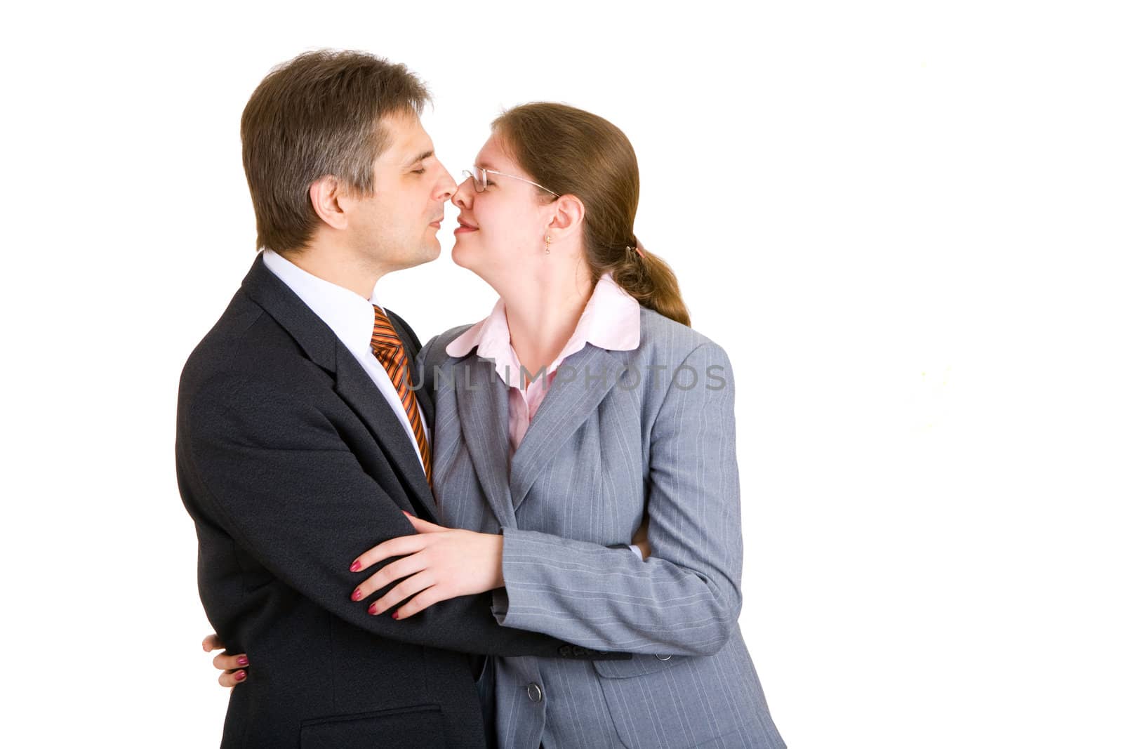 businessman and woman kissing