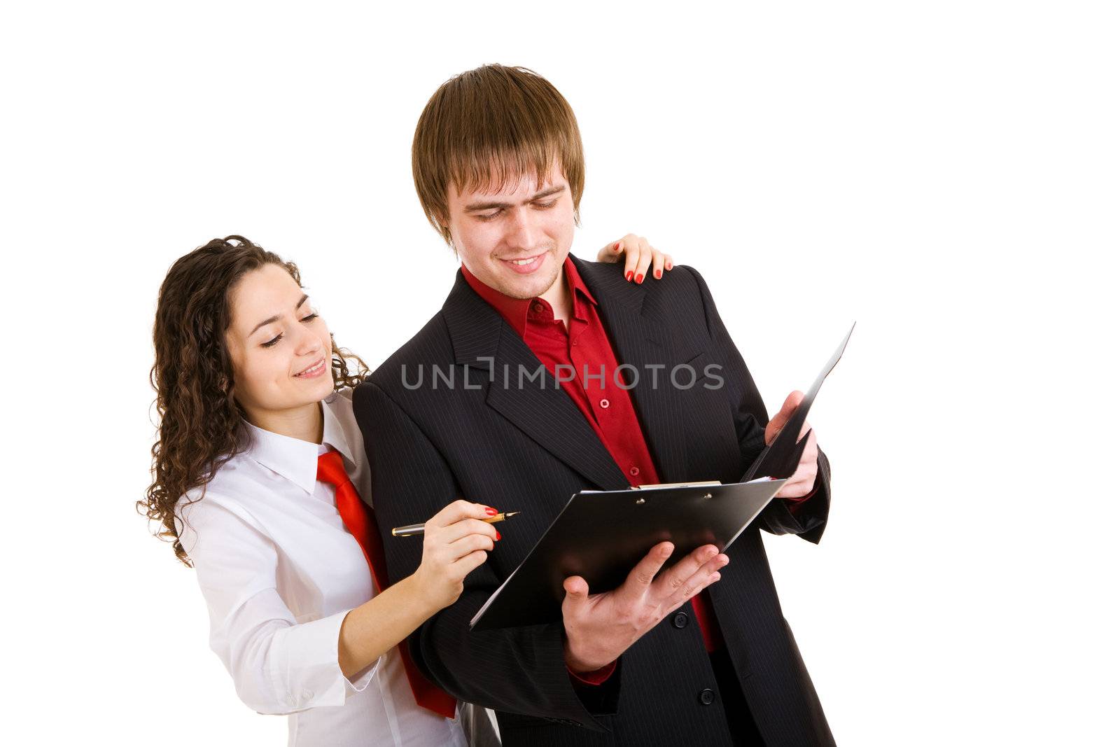 businessman and girl write papers