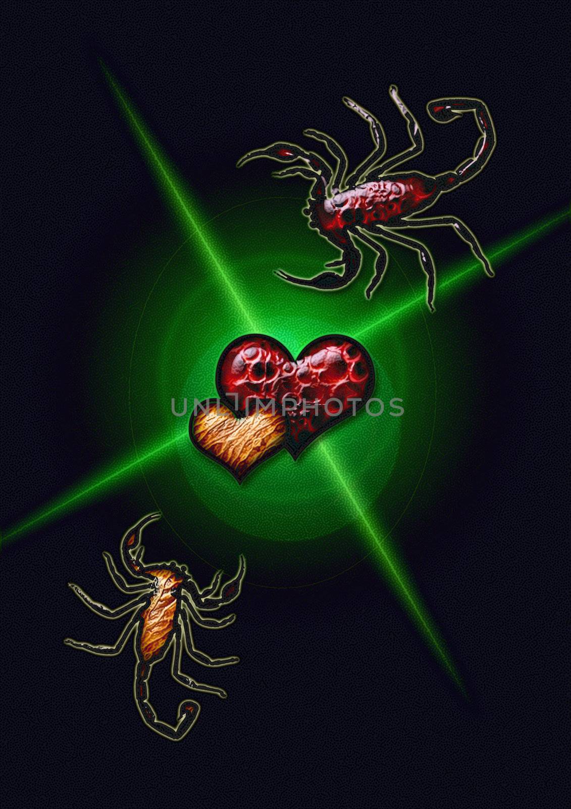 great creative abstract color rich textured symbolic image of love scorpions, in the form of two joint hearts.