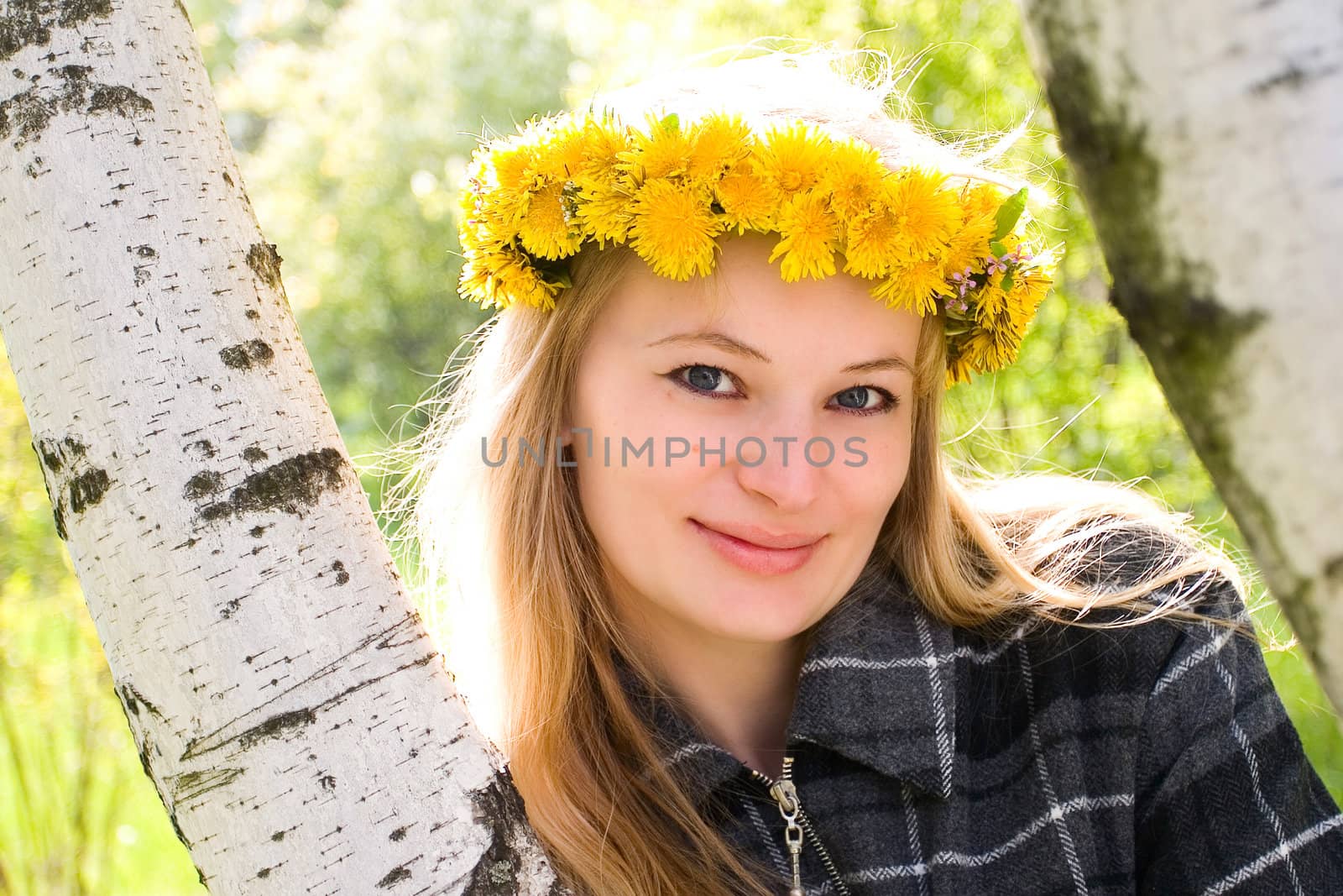The young girl in a wreath from dandelions stand near a birch