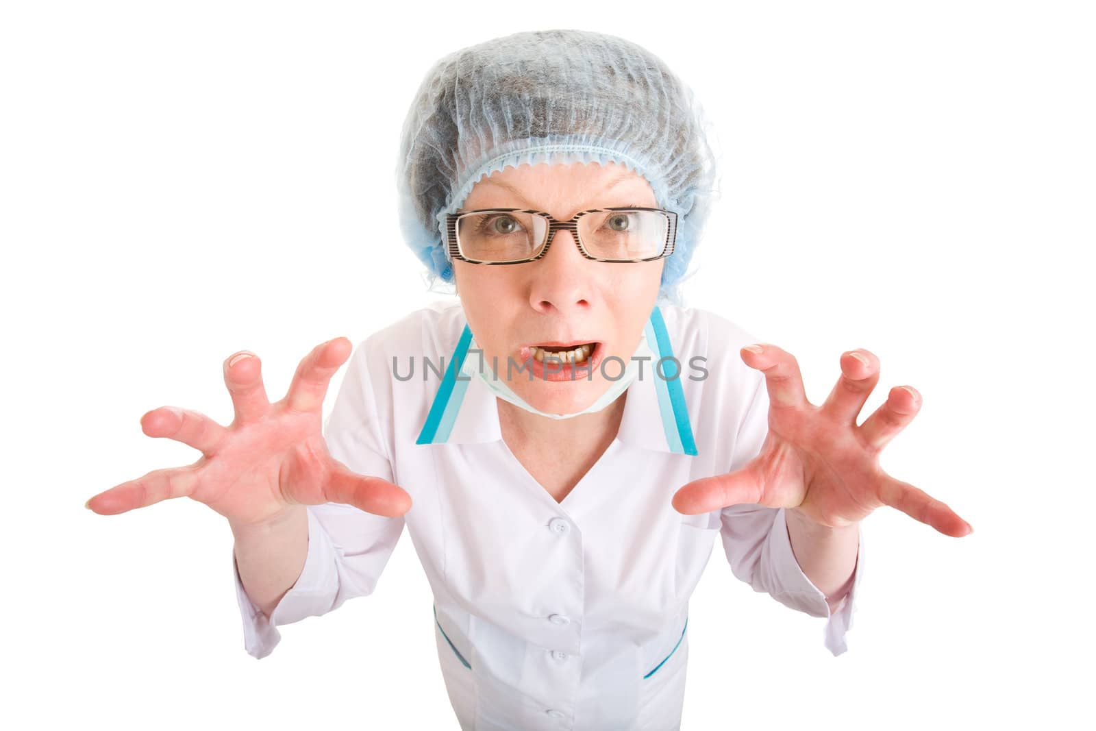 woman dressed as a doctor with hands ready to seize everyone