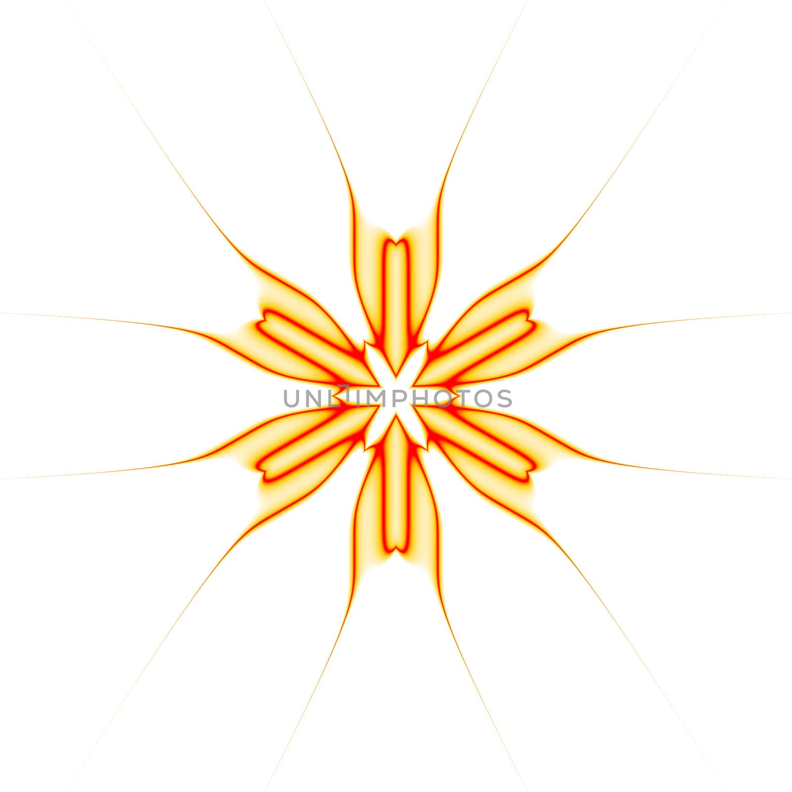 An abstract six pointed star shaped illustrated image in shades of orange on a white background.