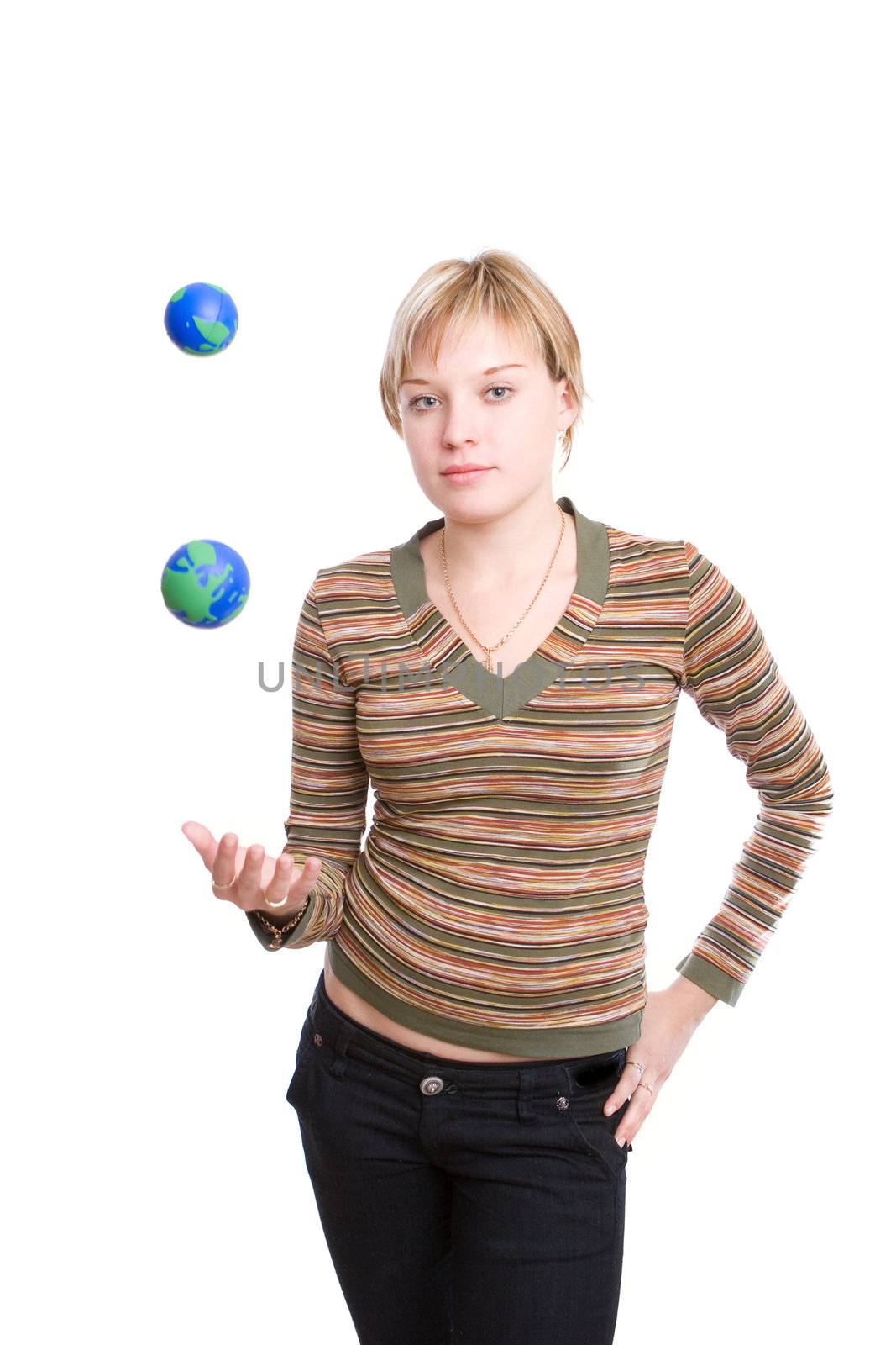 young woman juggling earths