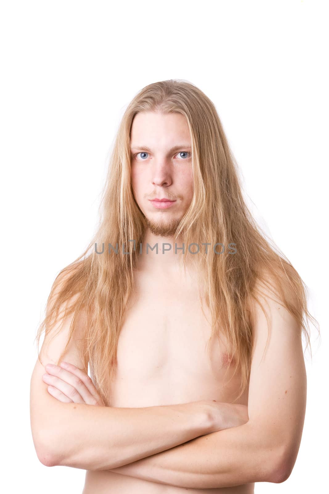 Long-haired male on white background