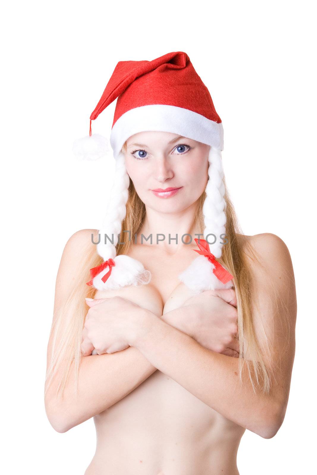 Naked woman in red Christmas cap