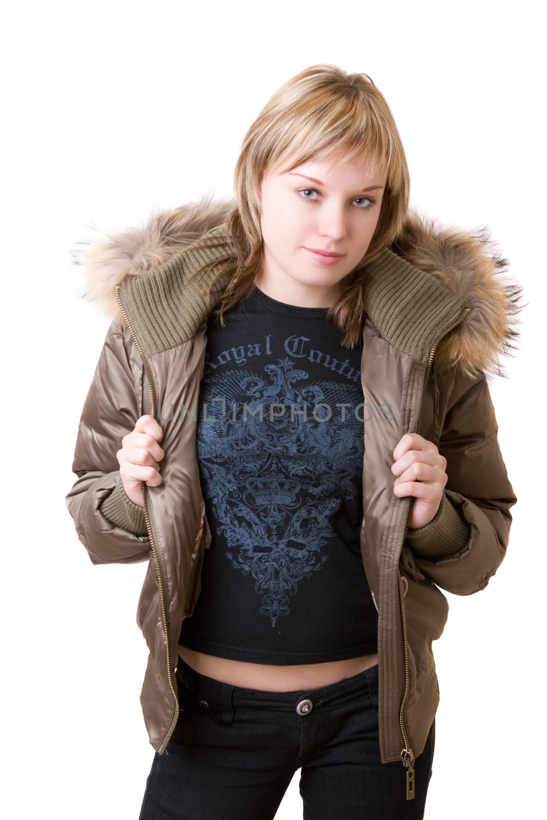 young girl in a jacket with a fur collar