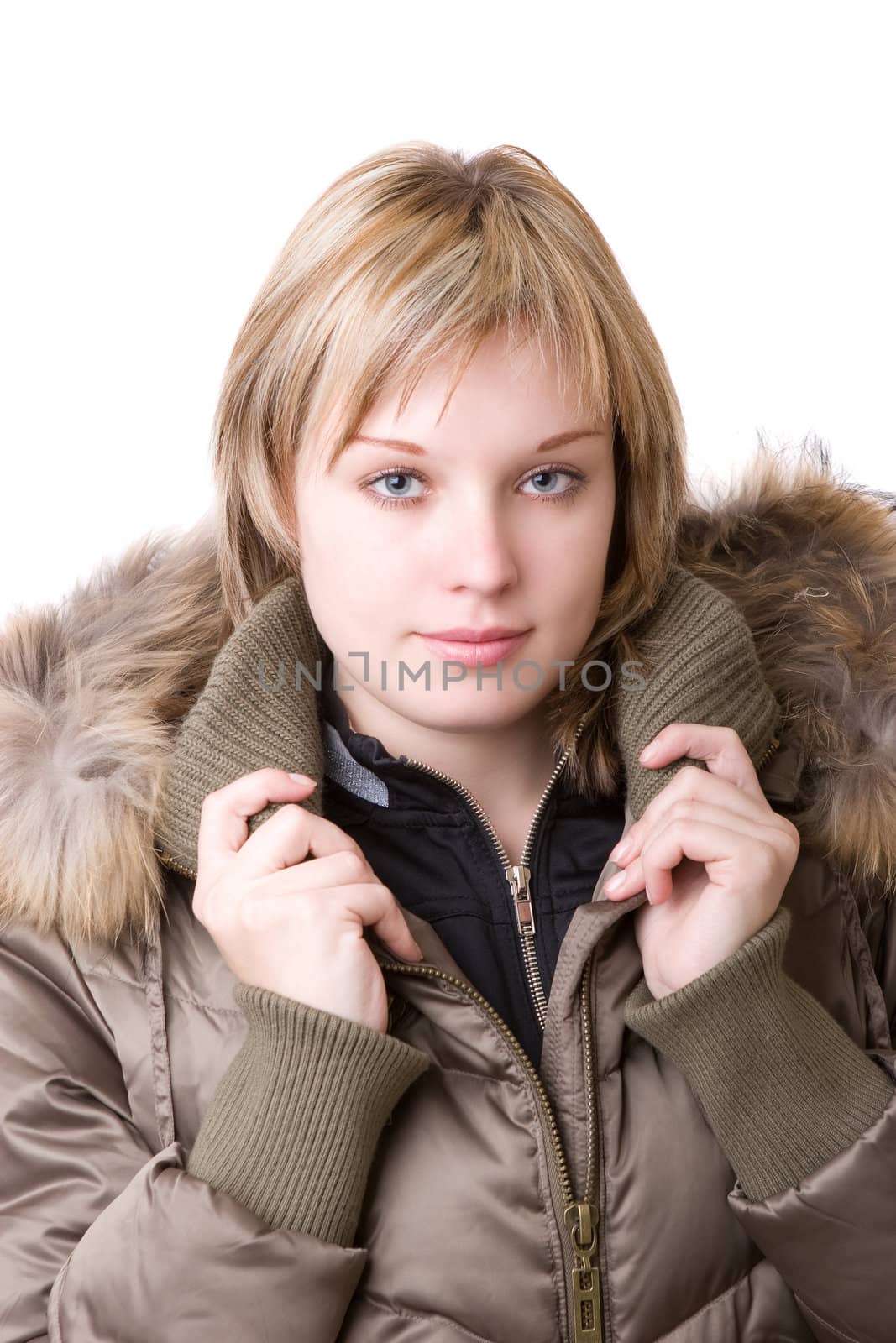 young girl in a jacket with a fur collar