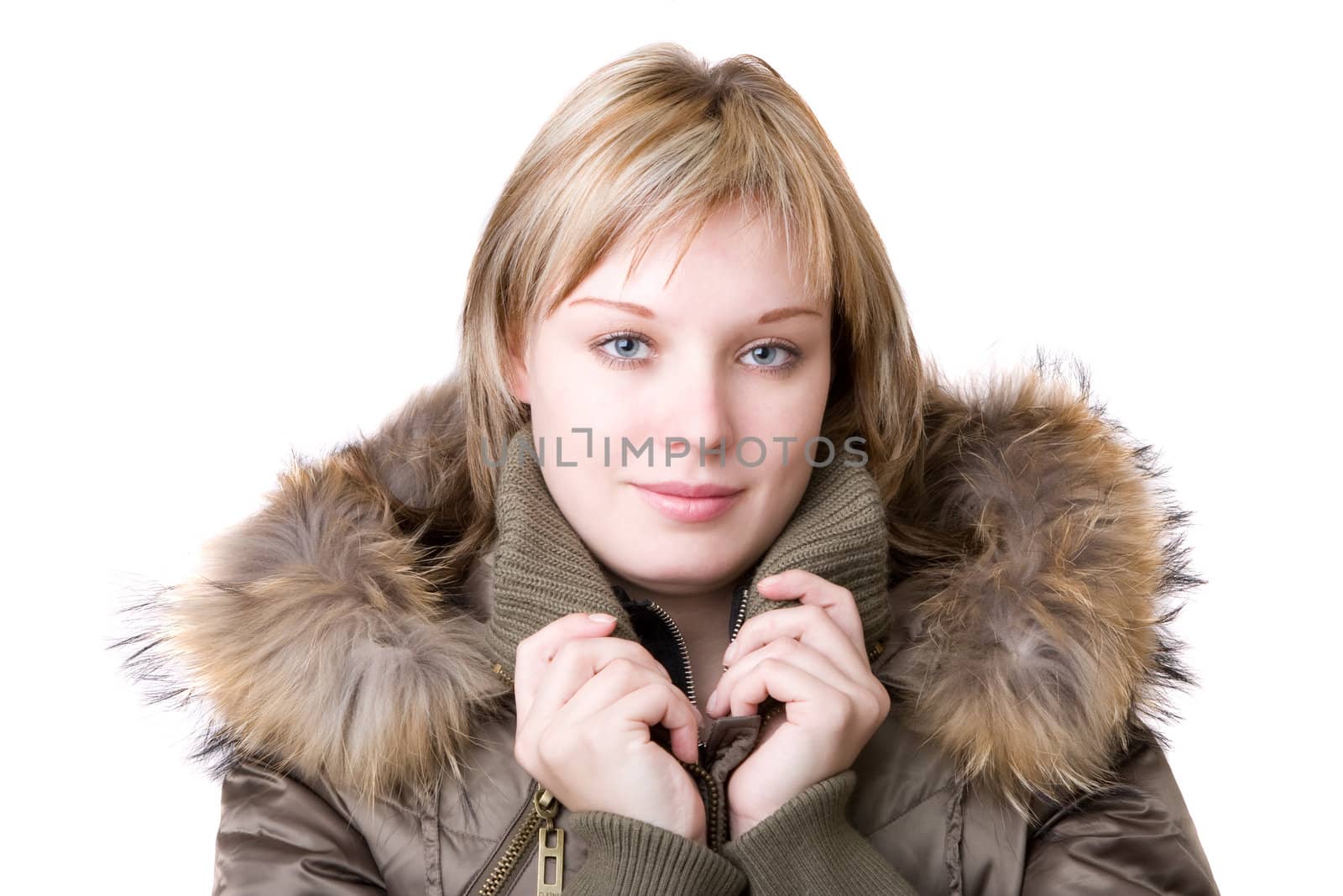 young girl in a jacket with a fur collar