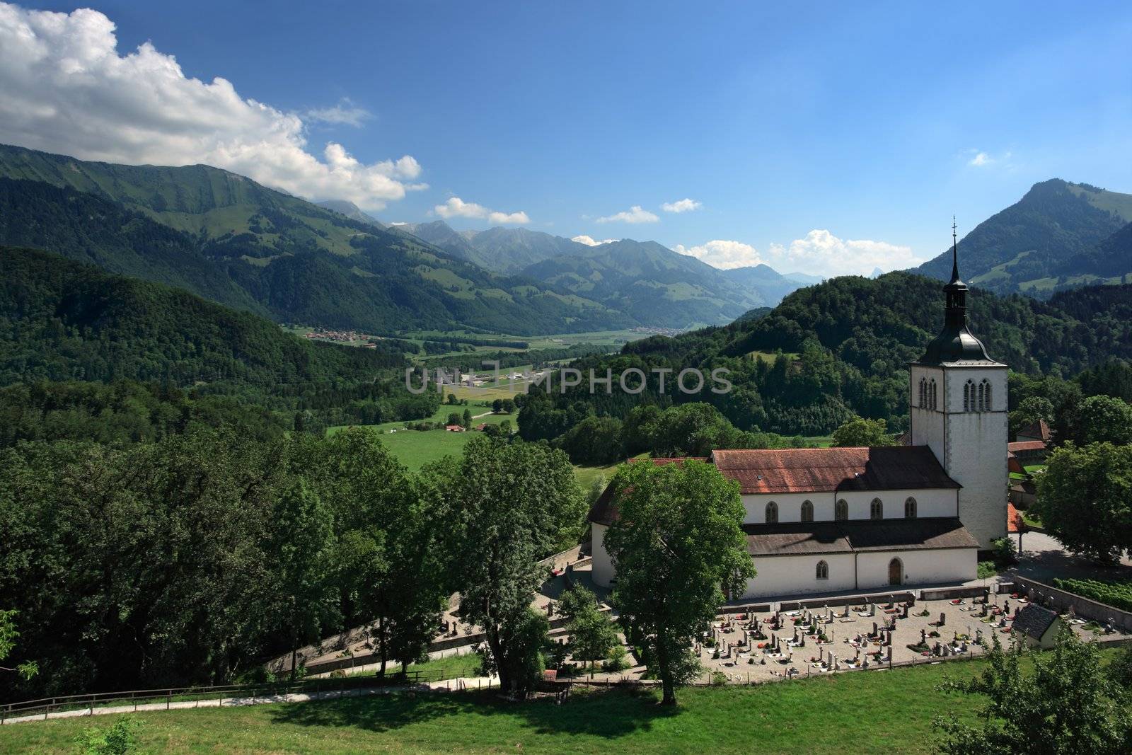 Photo of the church and cemetery in Gruyeres Switzerland.