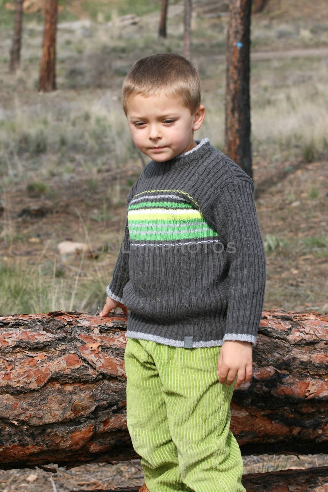 Little blond boy playing outside in the field