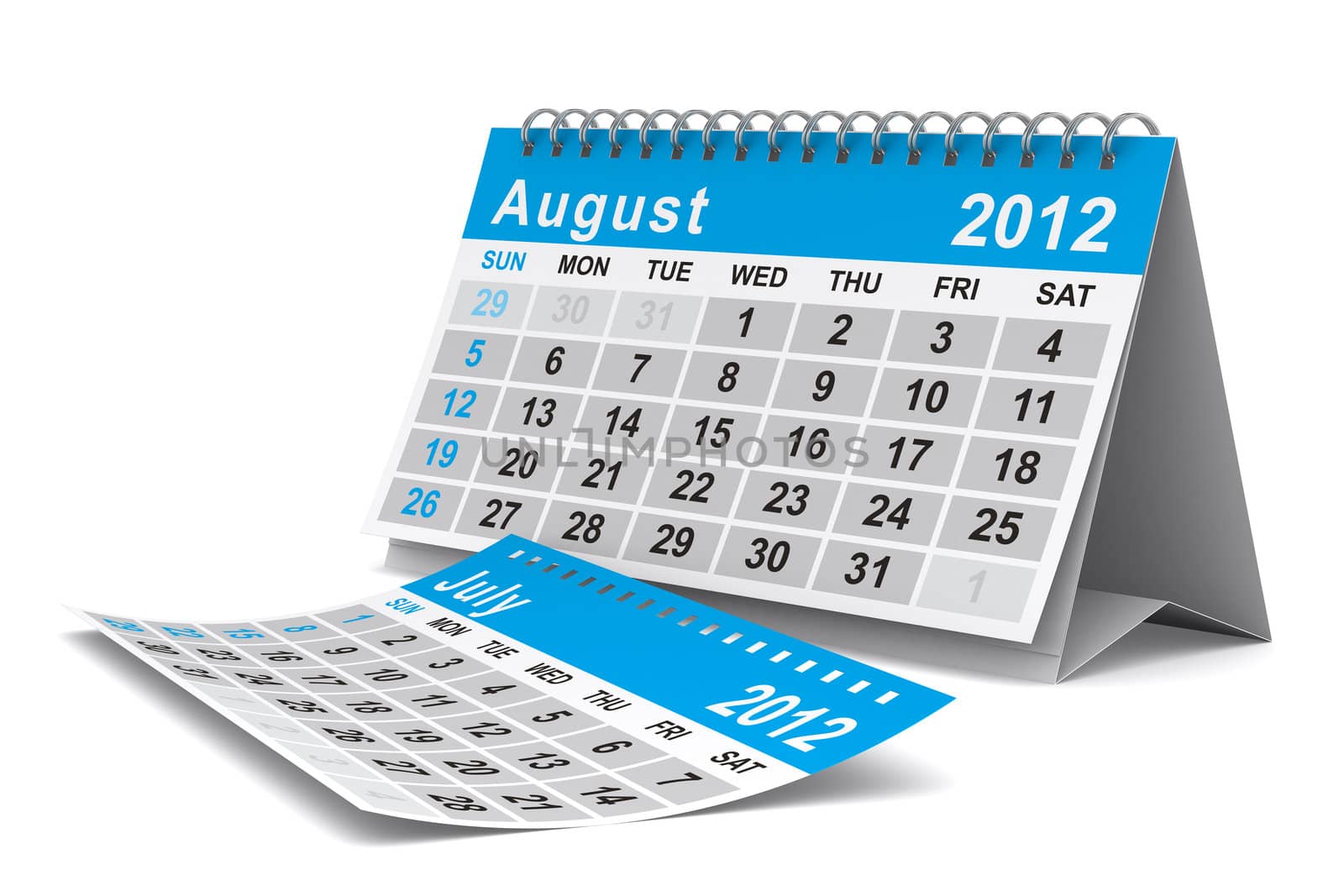 2012 year calendar. August. Isolated 3D image