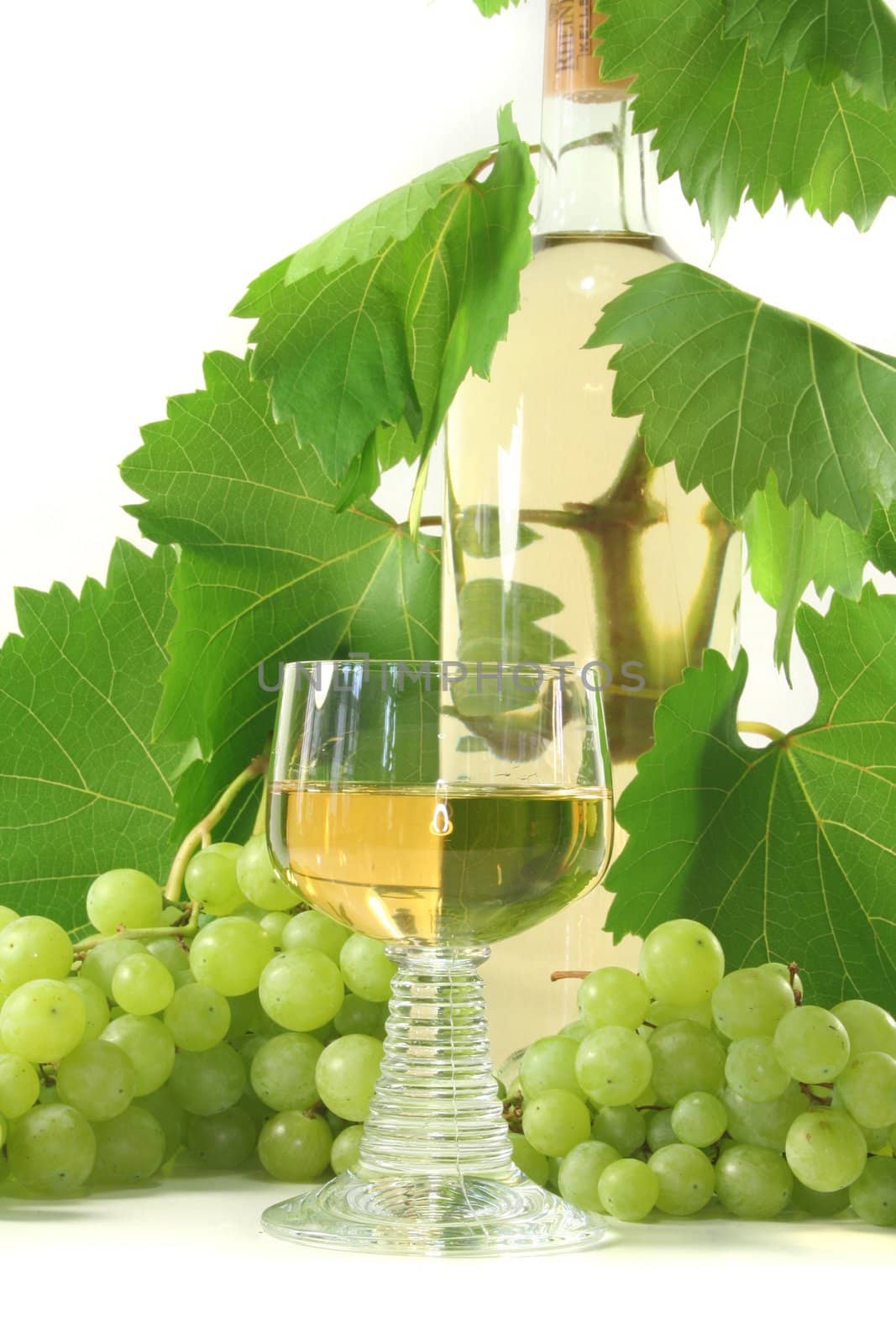 a glass of white wine with bottle, grapes and leaves