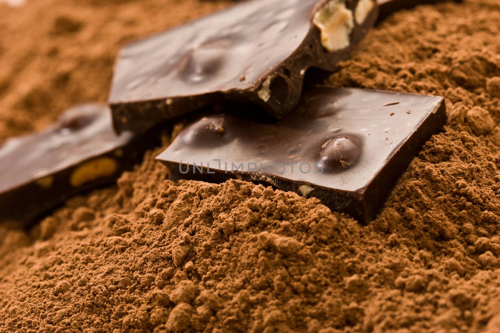 food series: broken down chocolate on cacao powder