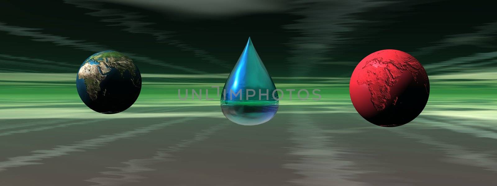 water and planets blue and red