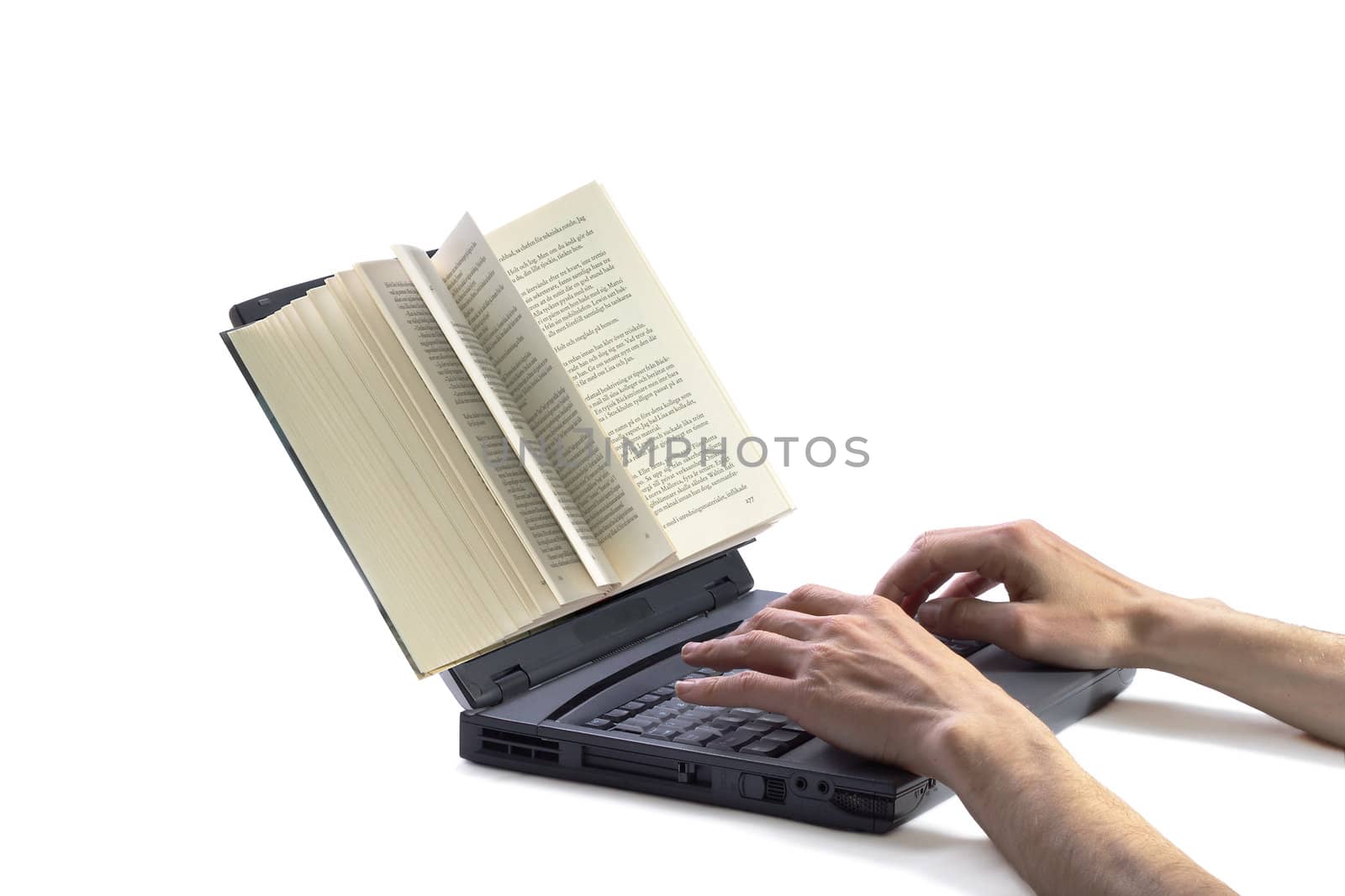 Book on computer screen and hands typing the keyboard suggesting the concept of writing online.