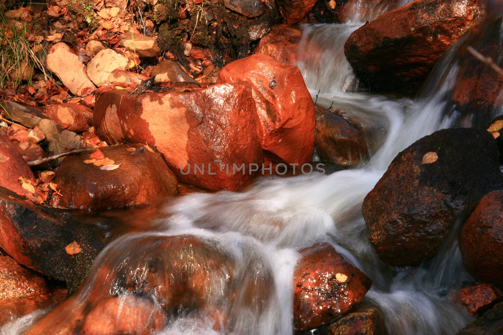 Sunlit stones in a small creek taken with a long shutterspeed.