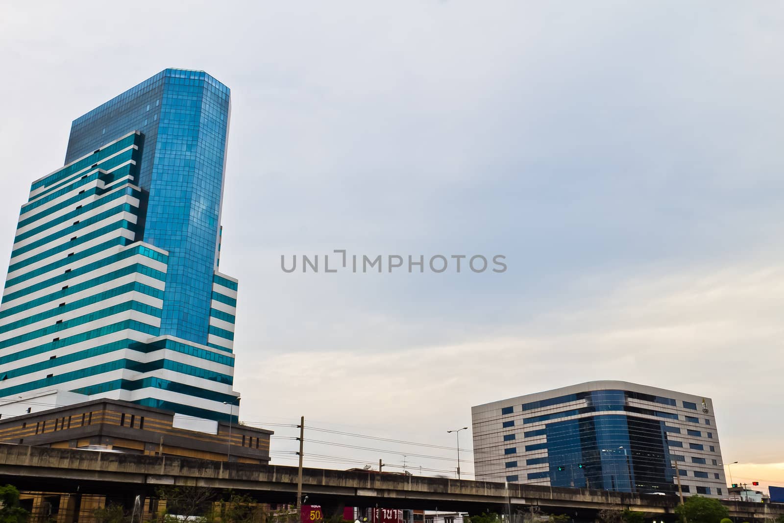 Urban high-rise building in the evening.