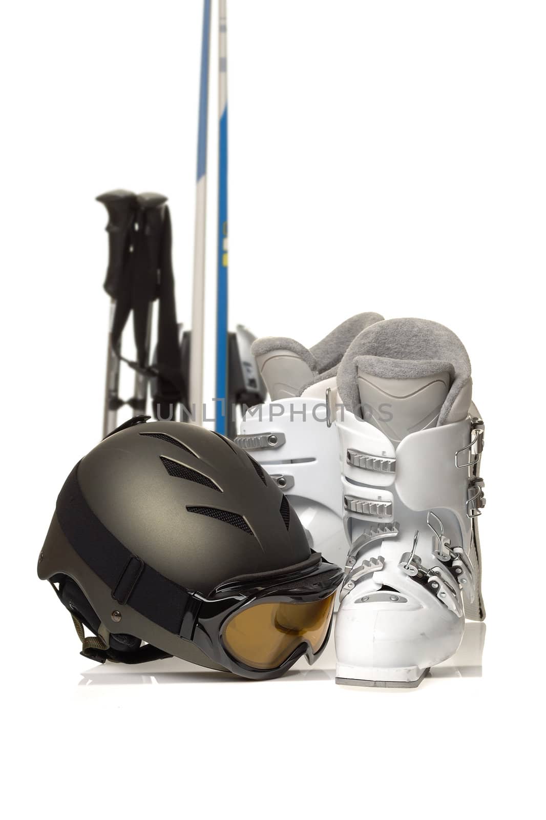 Downhill skiing quipment isolated on white