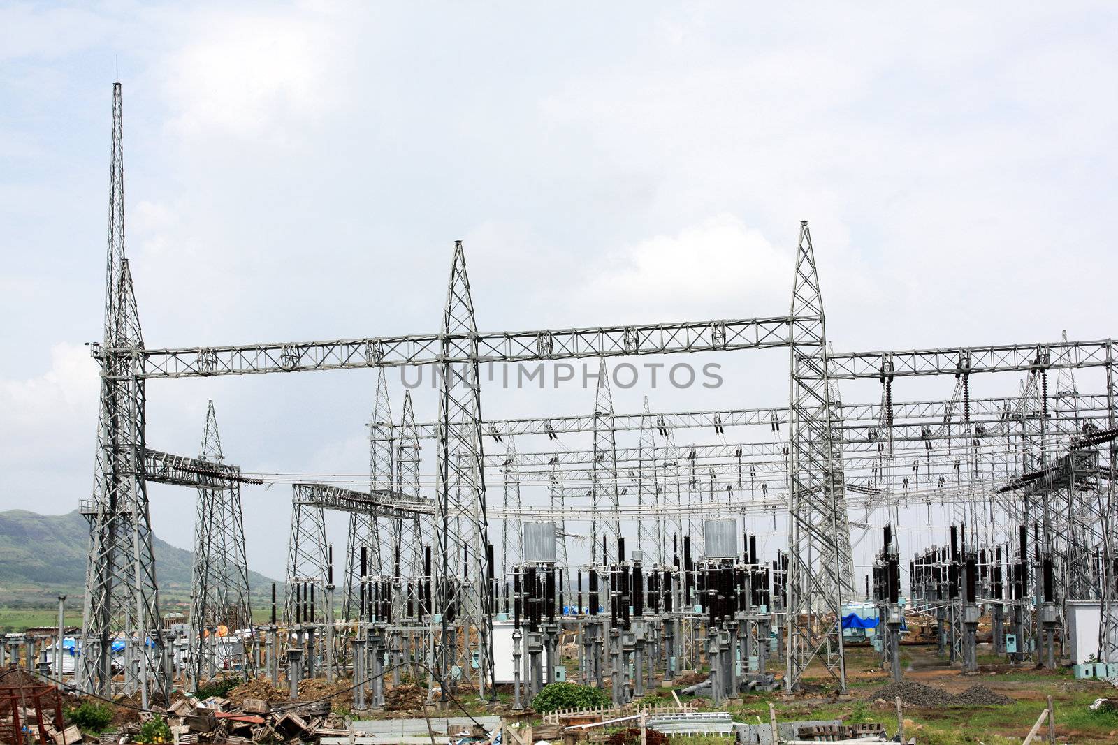 A power grid setup, near a power plant.