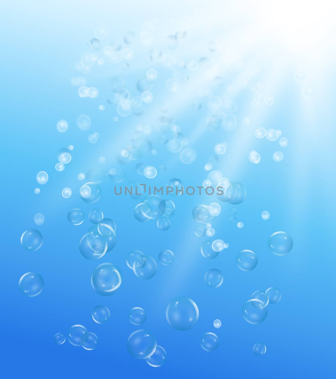 illustration depicting many air bubbles rising from the depths of a brilliant blue body of water towards the surface.