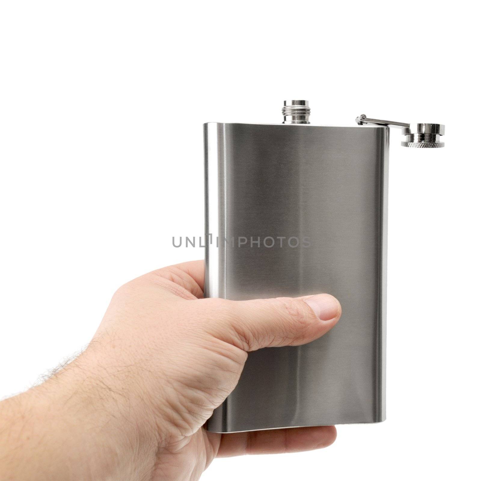 Flask in hand isolated on a white