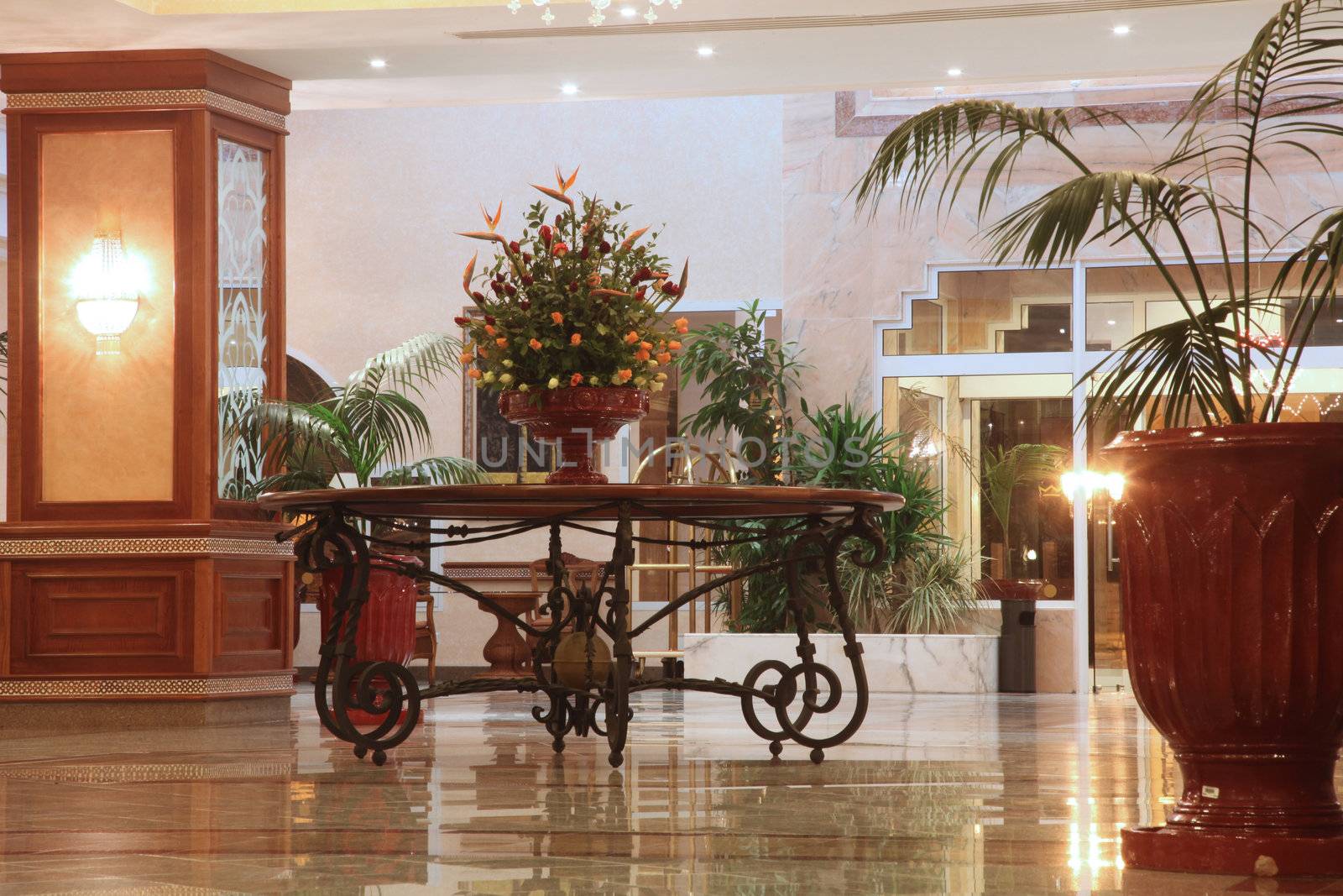 Modern hotel lobby with marble floor
