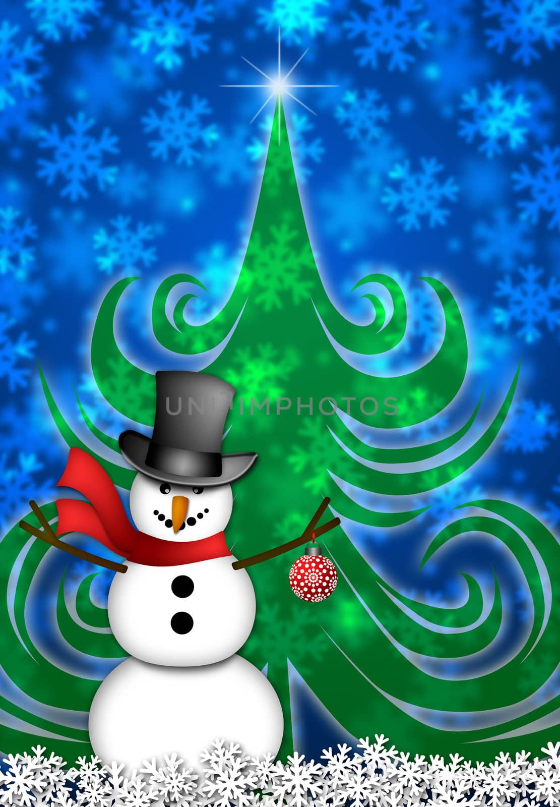 Snowman with Red Scarf and Ornament in Winter Snow Scene with Christmas Tree and Snowflakes Illustration