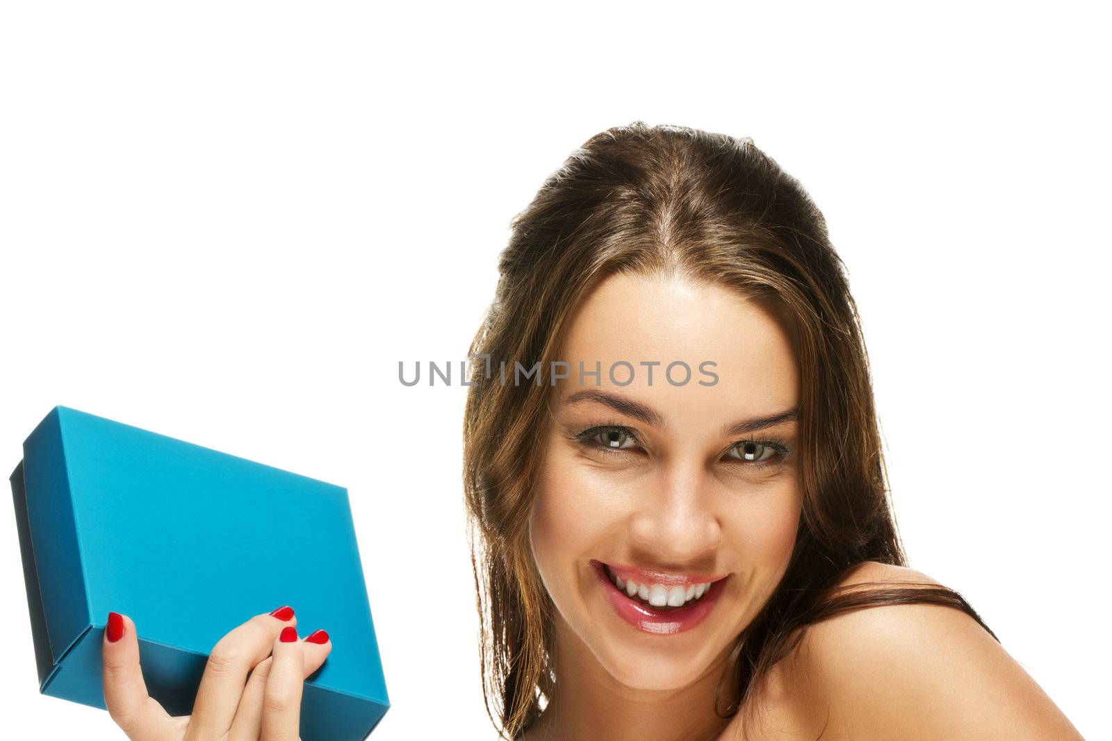 happy young woman holding present box on white background