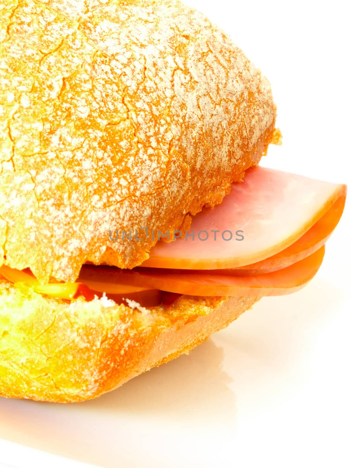 close up of a ham sandwich